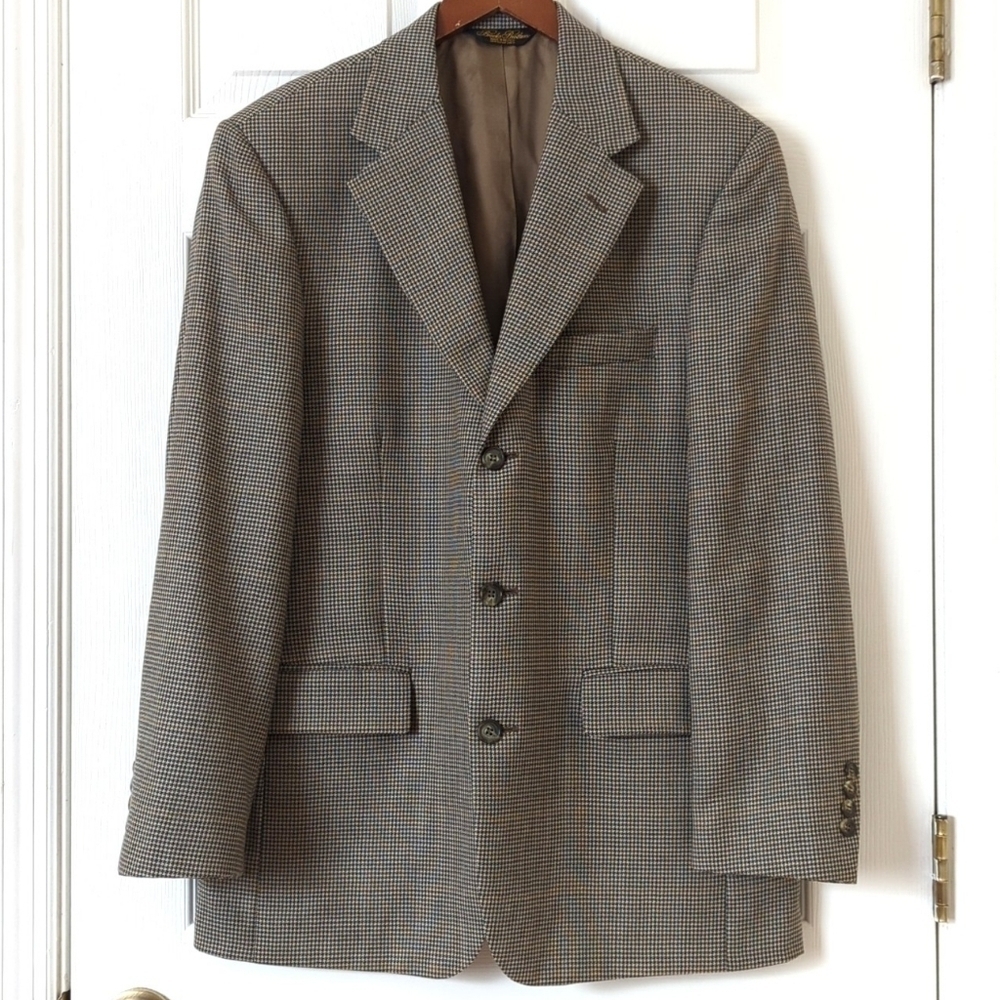 Brooks Brothers Preppy Classic Fit Houndstooth Worsted Wool Blazer Jacket Tan 40